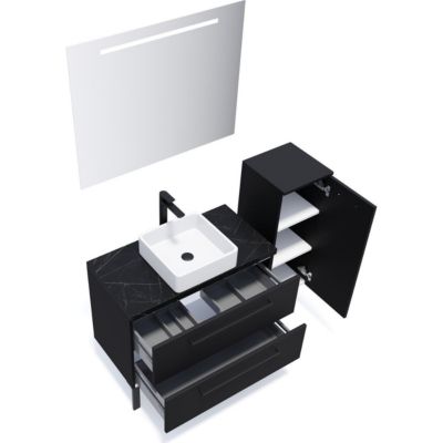 Meuble de salle de bain suspendu vasque à poser 90cm 2 tiroirs Noir + miroir + colonne ouverture droite - Glasgow