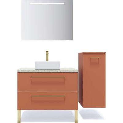Meuble de salle de bain suspendu vasque à poser 90cm 2 tiroirs Terracotta + miroir + colonne ouverture droite - Glasgow