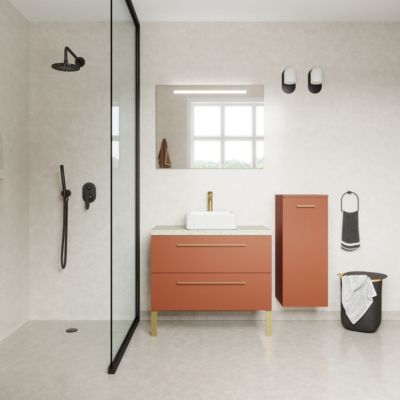 Meuble de salle de bain suspendu vasque à poser 90cm 2 tiroirs Terracotta + miroir + colonne ouverture droite - Glasgow
