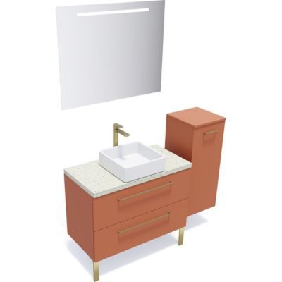 Meuble de salle de bain suspendu vasque à poser 90cm 2 tiroirs Terracotta + miroir + colonne ouverture droite - Glasgow
