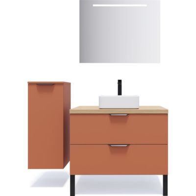 Meuble de salle de bain suspendu vasque à poser 90cm 2 tiroirs Terracotta + miroir + colonne ouverture gauche - Soho