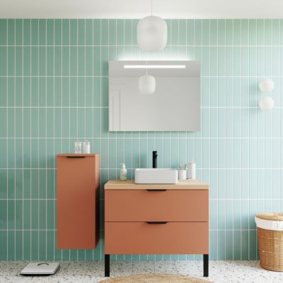 Meuble de salle de bain suspendu vasque à poser 90cm 2 tiroirs Terracotta + miroir + colonne ouverture gauche - Soho
