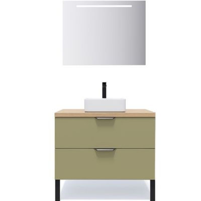 Meuble de salle de bain suspendu vasque à poser 90cm 2 tiroirs Vert olive + miroir - Soho