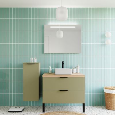 Meuble de salle de bain suspendu vasque à poser 90cm 2 tiroirs Vert olive + miroir - Soho