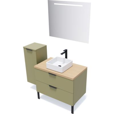Meuble de salle de bain suspendu vasque à poser 90cm 2 tiroirs Vert olive + miroir - Soho