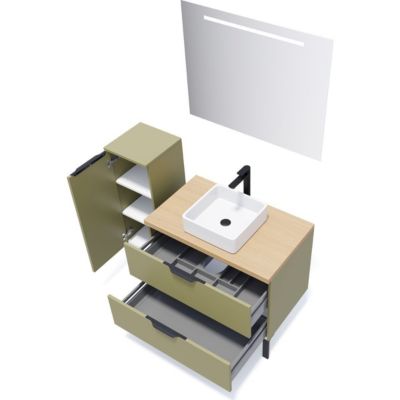 Meuble de salle de bain suspendu vasque à poser 90cm 2 tiroirs Vert olive + miroir - Soho