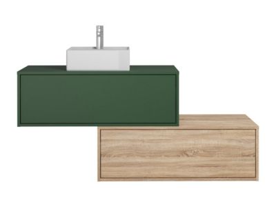 Meuble de salle de bain suspendu vert et naturel clair avec simple vasque carrée et deux tiroirs - 94 cm - TEANA II