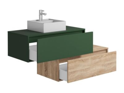 Meuble de salle de bain suspendu vert et naturel clair avec simple vasque carrée et deux tiroirs - 94 cm - TEANA II
