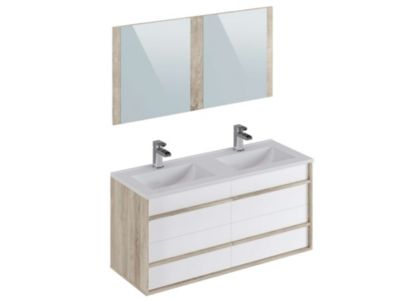 Meuble de salle de bain TAWA 4 tiroirs 120 cm chêne et blanc T-BATH Inclus lavabo acrylique et miroir