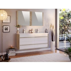 Meuble de salle de bain TAWA 4 tiroirs 120 cm chêne et blanc T-BATH Inclus lavabo et miroir
