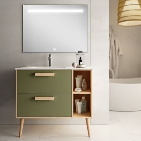 Meuble de salle de bain vasque déportée - 2 tiroirs - MALIA et miroir Led STAM - vert olive - 80cm