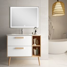 Meuble de salle de bain vasque déportée - 2 tiroirs - MALIA et miroir Led VELDI - blanc - 80cm