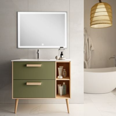 Meuble de salle de bain vasque déportée - 2 tiroirs - MALIA et miroir Led VELDI - vert olive - 80cm