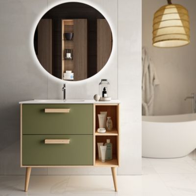 Meuble de salle de bain vasque déportée - 2 tiroirs - MALIA et miroir rond Led SOLEN - vert olive - 80cm