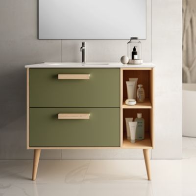 Meuble de salle de bain vasque déportée - 2 tiroirs - MALIA et miroir rond Led SOLEN - vert olive - 80cm
