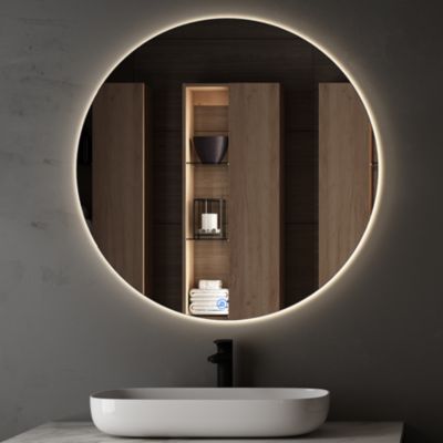 Meuble de salle de bain vasque déportée - 2 tiroirs - MALIA et miroir rond Led SOLEN - vert olive - 80cm