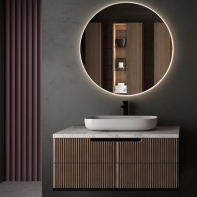 Meuble de salle de bain vasque déportée - 2 tiroirs - MALIA et miroir rond Led SOLEN - vert olive - 80cm