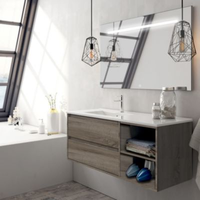 Meuble de salle de bain vasque déportée 2 tiroirs OLYMPE et miroir Led STAM - britannia (chêne foncé) - 120cm