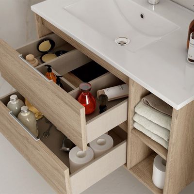 Meuble de salle de bain vasque déportée 2 tiroirs OLYMPE et miroir Led STAM - britannia (chêne foncé) - 120cm