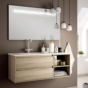 Meuble de salle de bain vasque déportée 2 tiroirs OLYMPE et miroir Led STAM - cambrian (chêne) - 120cm