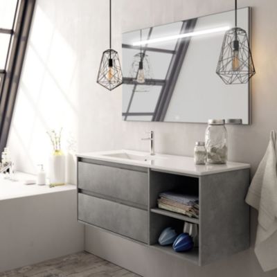 Meuble de salle de bain vasque déportée 2 tiroirs OLYMPE et miroir Led STAM - ciment (gris) - 120cm
