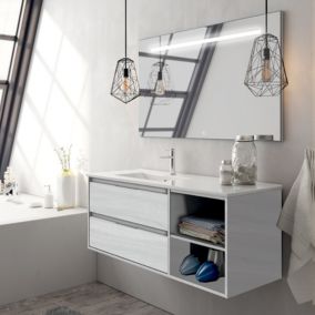 Meuble de salle de bain vasque déportée 2 tiroirs OLYMPE et miroir Led STAM - hibernian (bois blanchi) - 120cm