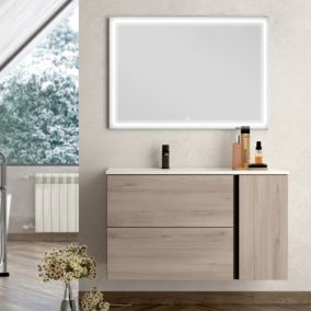 Meuble de salle de bain vasque déportée - 2 tiroirs - PRADO et miroir Led VELDI - oak (chêne brut) - 100cm