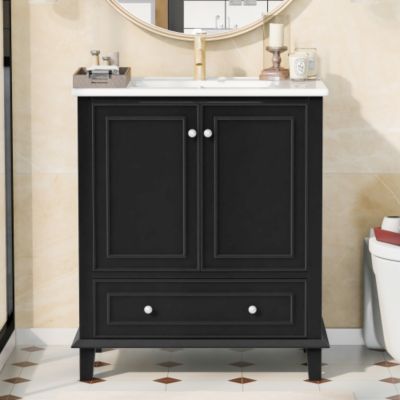 Meuble de salle de bain - Vasque en céramique - 2 portes et 1 tiroir - Pieds en bois massif - MDF - Noir (robinet non inclus)