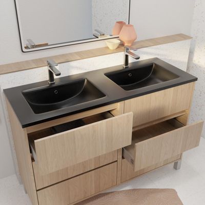 Meuble de salle de bains 120 cm 6 Tiroirs Chêne Clair + Vasque Double Céramique Noire - XENOS