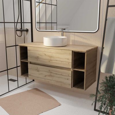 Meuble de salle de bains 120 cm TIMBER - Décor Chêne, 2 tiroirs, Vasque blanche à poser