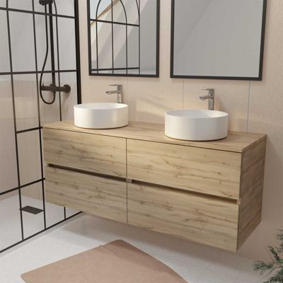 Meuble de salle de bains 140 TIMBER Décor Chêne - 4 Tiroirs - 2 Vasques Rondes Blanches 36cm