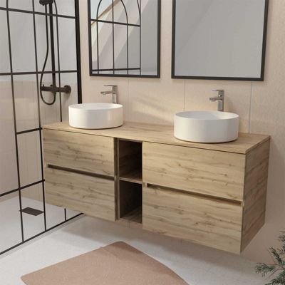 Meuble de Salle de Bains 140 TIMBER Décor Chêne 4 tiroirs et module - Vasques Blanches 36cm