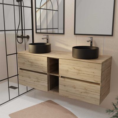 Meuble de Salle de Bains 140 TIMBER Décor Chêne 4 tiroirs et module - Vasques Noires 36cm
