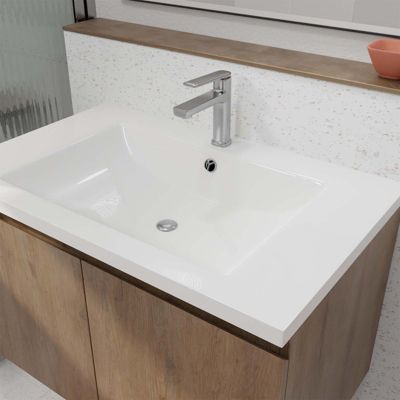 Meuble de salle de bains 75cm à Suspendre Décor Bois Clair - 2 Portes - Vasque Blanche - ELEMENTARY