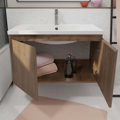 Meuble de salle de bains 75cm à Suspendre Décor Bois Clair - 2 Portes - Vasque Blanche - ELEMENTARY