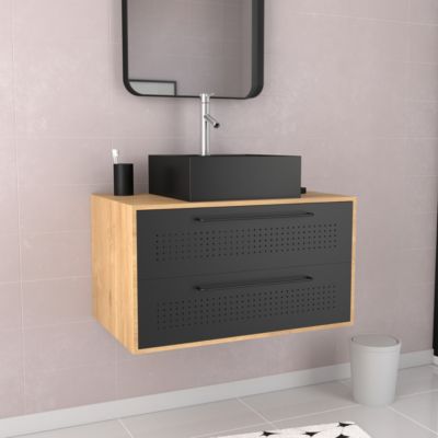 Meuble de Salle de Bains 80 cm avec Vasque Carrée - Finition Chêne naturel et Noir Mat - UBY