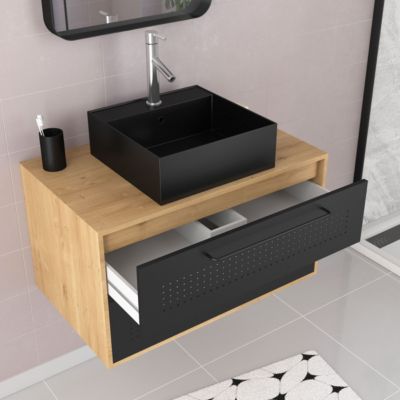 Meuble de Salle de Bains 80 cm avec Vasque Carrée - Finition Chêne naturel et Noir Mat - UBY