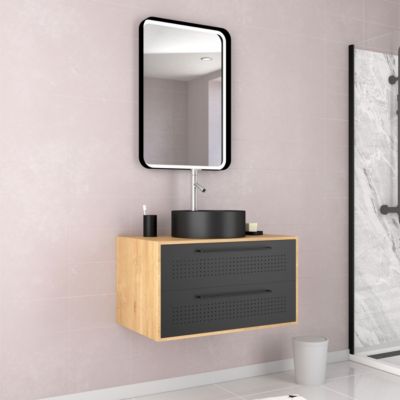 Meuble de Salle de Bains 80 cm, Vasque Ronde et Miroir Led - Chêne naturel et Noir Mat - UBY