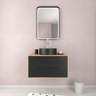 Meuble de Salle de Bains 80 cm, Vasque Ronde et Miroir Led - Chêne naturel et Noir Mat - UBY