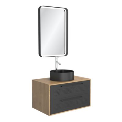 Meuble de Salle de Bains 80 cm, Vasque Ronde et Miroir Led - Chêne naturel et Noir Mat - UBY