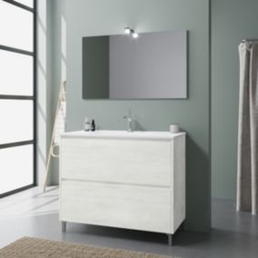 Meuble de salle de bains au sol 100cm 2 tiroirs chêne blanc avec miroir 100x60 - laguna