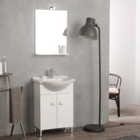 Meuble de salle de bains au sol 56cm blanc avec lavabo en céramique et miroir - facile