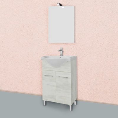 Meuble De Salle De Bains Au Sol En Chêne Blanc De 55 Cm, Avec Lavabo Et Miroir 52X69 De La Série Rimini.