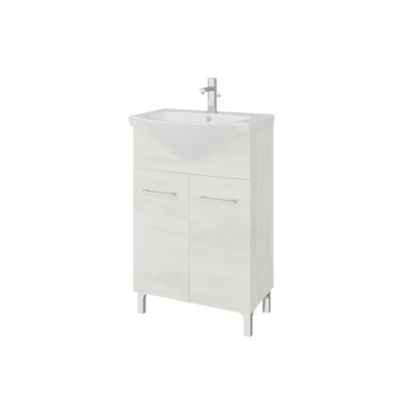 Meuble De Salle De Bains Au Sol En Chêne Blanc De 55 Cm, Avec Lavabo Et Miroir 52X69 De La Série Rimini.