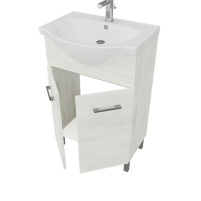 Meuble De Salle De Bains Au Sol En Chêne Blanc De 55 Cm, Avec Lavabo Et Miroir 52X69 De La Série Rimini.