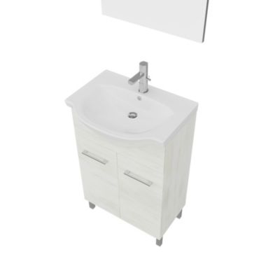 Meuble De Salle De Bains Au Sol En Chêne Blanc De 55 Cm, Avec Lavabo Et Miroir 52X69 De La Série Rimini.