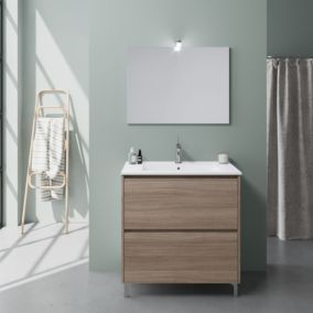 Meuble de salle de bains au sol en chêne naturel, avec 2 tiroirs, lavabo en céramique et miroir 80x60 - laguna