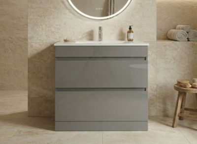 Meuble de Salle de Bains avec vasque/lavabo SOUS Meuble Apollo 80 LAQUE GRIS, 2 TIROIRS avec plan céramique
