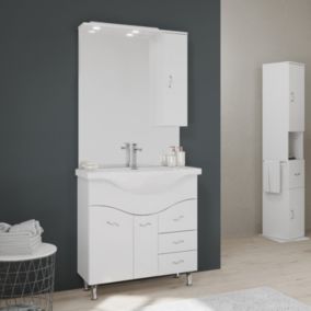 Meuble de salle de bains de 85 cm au sol avec lavabo, miroir et armoire suspendue blanche.