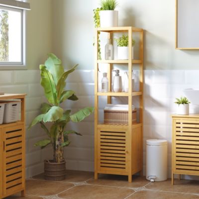Meuble de salle de bains en bambou naturel avec étagères et placard
